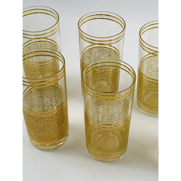Set of 7 MCM Vintage Culver High ball Cocktail Glasses Tumblers Gold Band Bottom - Picture 4 of 10